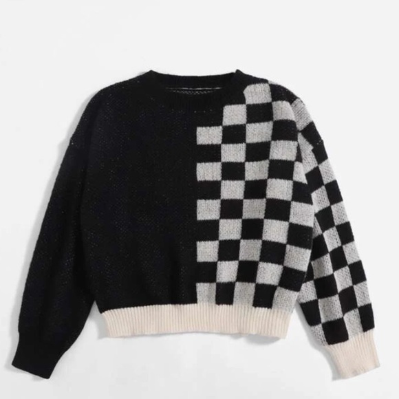SHEIN Sweaters Split Black And White Checkered Sweater Poshmark
